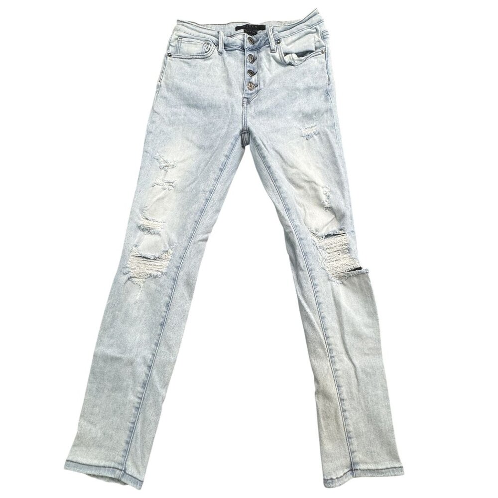 Risen Womens Sz 7 Light Wash Distressed High-Rise Skinny Jeans Button Fly Denim - Picture 2 of 16
